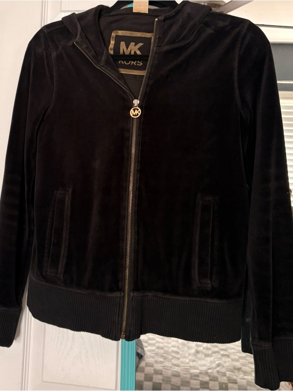 Michael Kors Black Velvet Hoodie with Gold Logo Trim